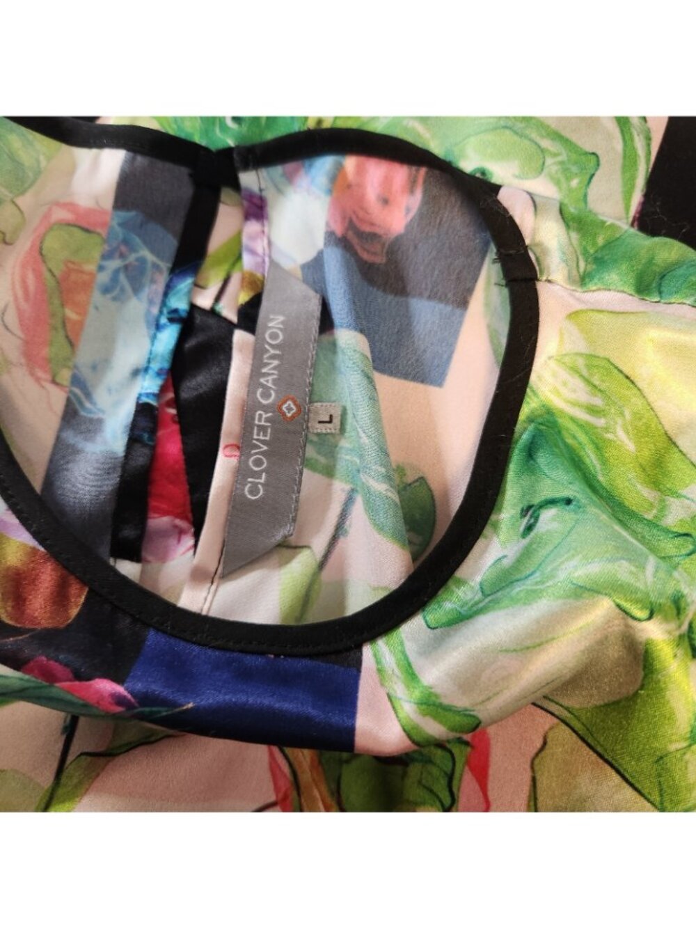 Clover Canyon Abstract Floral Pink Crew Neck Slvlss Assym Blouse Top Shirt LARGE - Picture 6 of 8